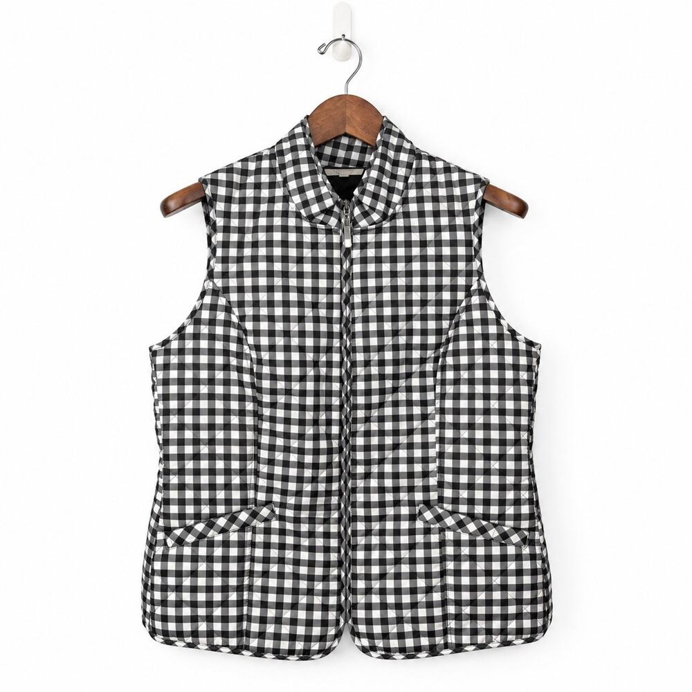 Talbots Women’s Petites PM Black/White Gingham Quilted Lined Zip Vest